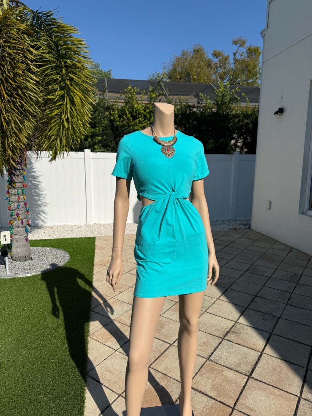 Turquoise Cotton Twist Knot Front Cutout Mini T-Shirt Dress Short Sleeve size M - Picture 4 of 6
